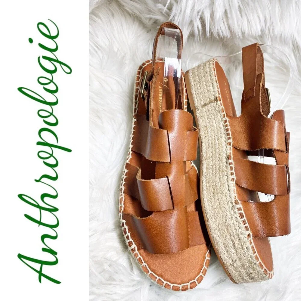 NWOT ANTHROPOLOGIE Brown Leather Platform Fisherman Sandals Espadrilles, Size 41